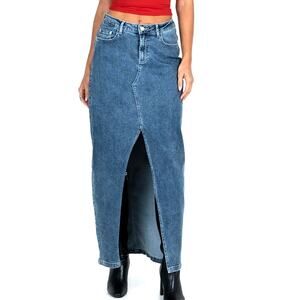Princess Polly Denim Maxi Skirt with Front Slit & Pockets Medium Wash Sz 8